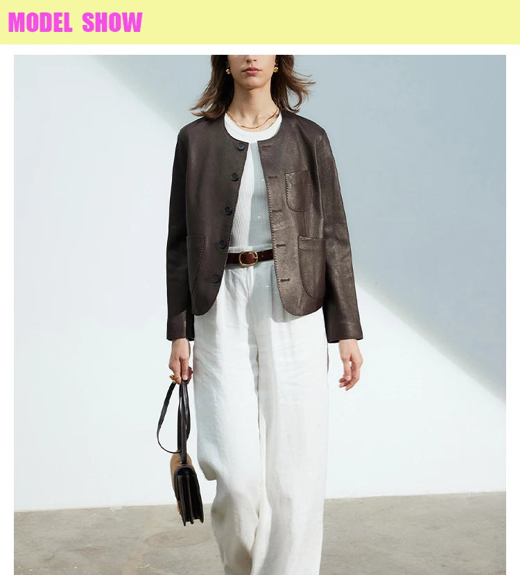 Women's Autumn Clothing European High Quality Sheepskin Casual O-Neck Single-Breasted Coffee Litchi Stria Genuine Leather Jacket
