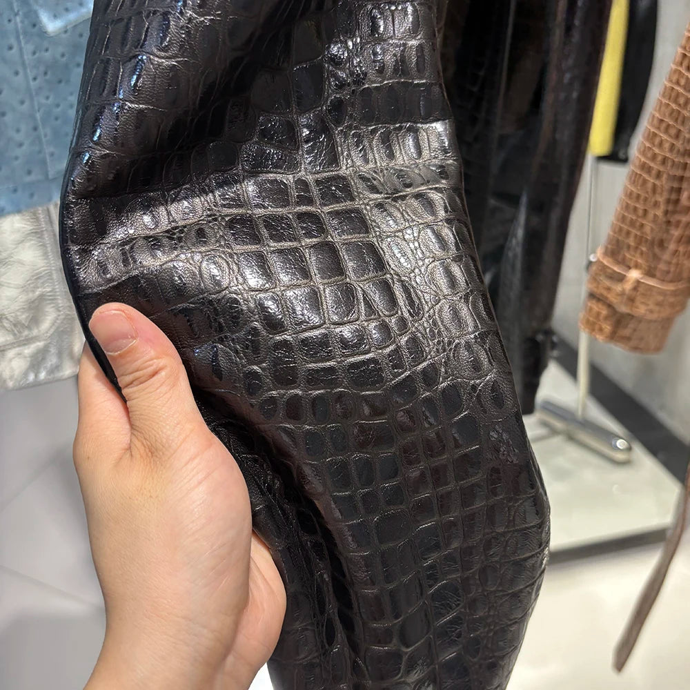 YOLOAgain Croc Pattern Real Leather Cropped Jacket Women Genuine Leather Jacket Female Streetwear