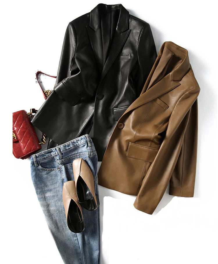 Natural Sheepskin Coat Blazer Mujer Single Button Suit Collar Chic and Elegant Woman Jacket Slim Camel Real Leather Topscoat