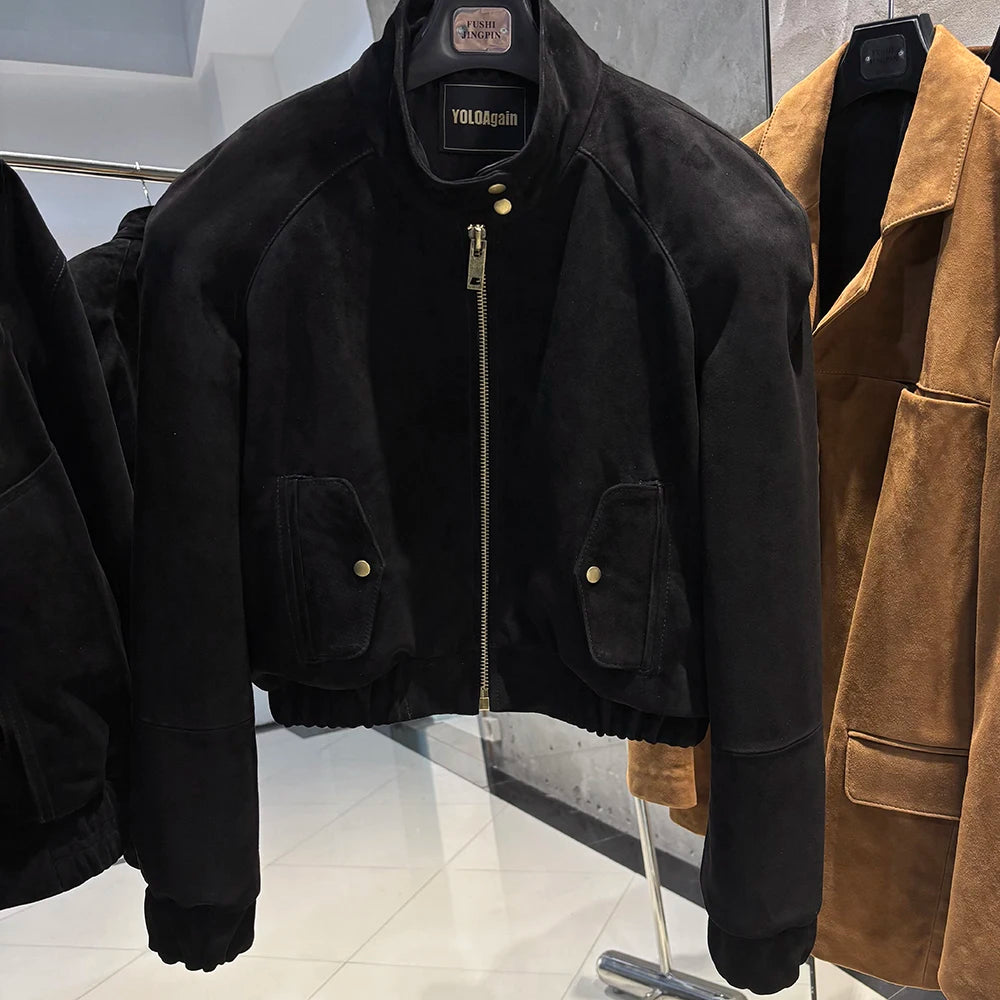 YOLOAgain Suede Leather Jacket Coat Women Real Leather Cropped Jacket Bomber Jacket
