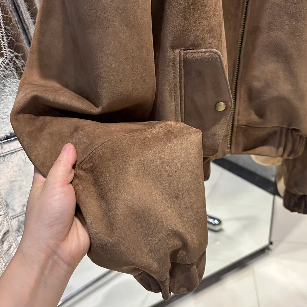 YOLOAgain Suede Leather Jacket Coat Women Real Leather Cropped Jacket Bomber Jacket