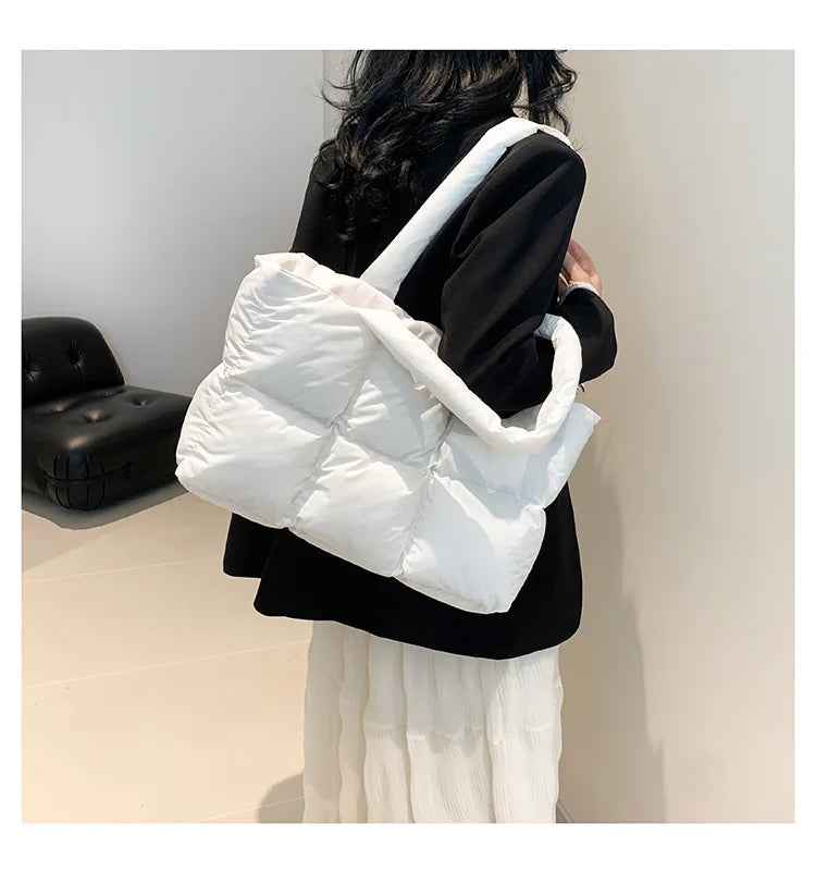 Quilted Plaid Bag Women Tote Handbags Retro Trendy Checkered Waterproof Shoulder Bag Solid Color Winter Soft Large Capacity Bags