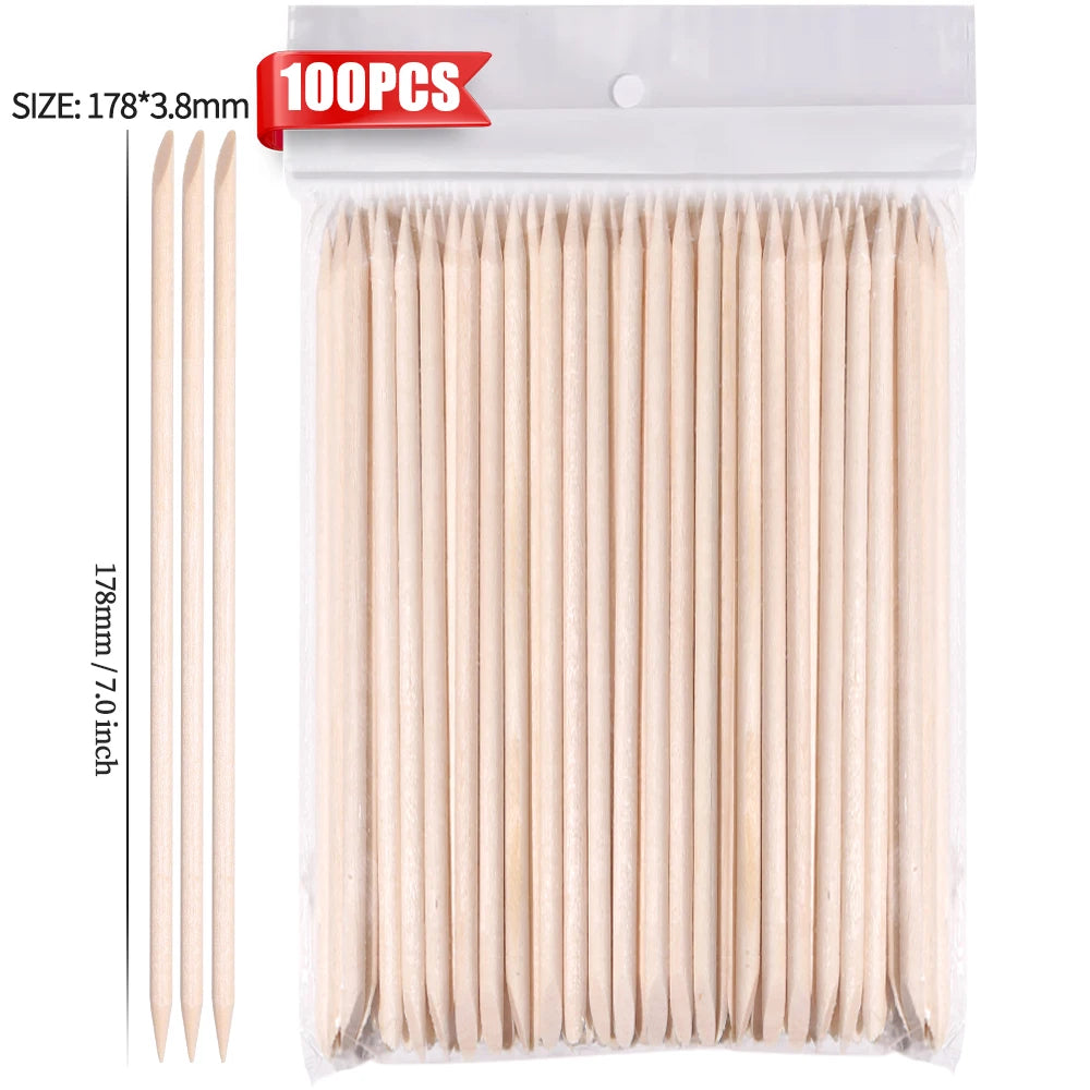 100PCS Cuticle Pusher Remover Nail Art Tools Beechwood Stick Sticks Rhinestones Picker Bead Pusher Manicure Pedicure Care