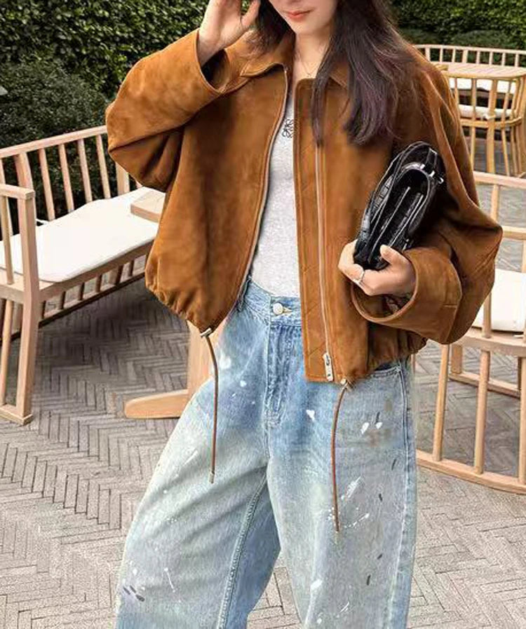 Suede Leather Flower Bud Jacket for Women Trendy Kid Suede Drawstring Silhouette Short Coat Streetwear Chill Casaco Feminino