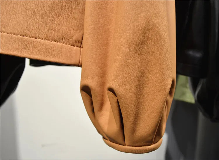 Autumn Puff Sleeve Genuine Leather Jacket Women 100% Sheepskin Collarless Cardigan Casacas Loose Small Short Blouson Cuir Femme