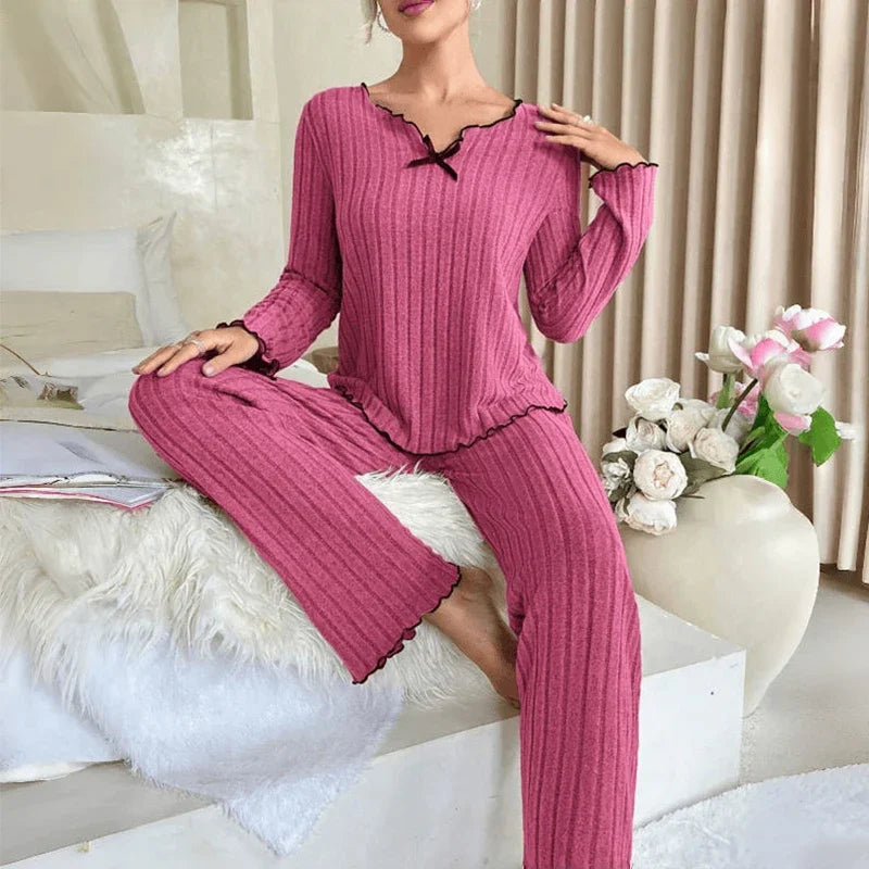 Women Ribbed Pajama Set V Neck Bow Long Sleeve Pants Soft Loungewear Two Piece Sleep Suit Daily Home Bedroom Casual Night Wear
