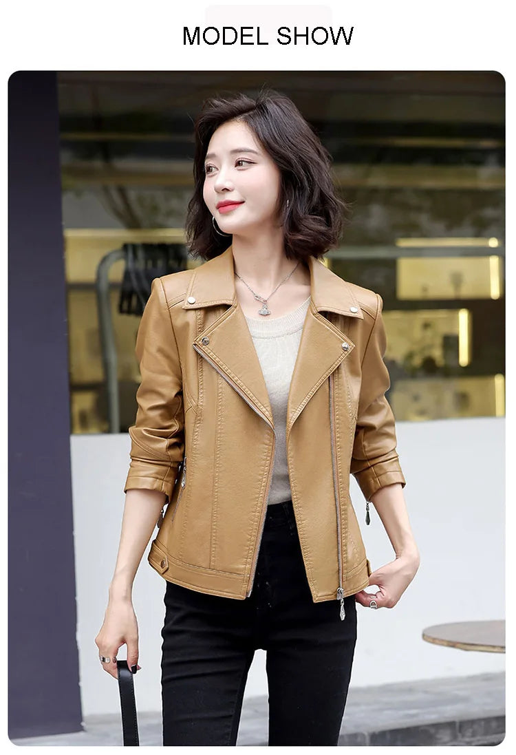 New Women Spring Autumn Leather Jacket Fashion Suit Collar Long Sleeve Motorcycle Jacket Casual Short Biker Coat Split Leather