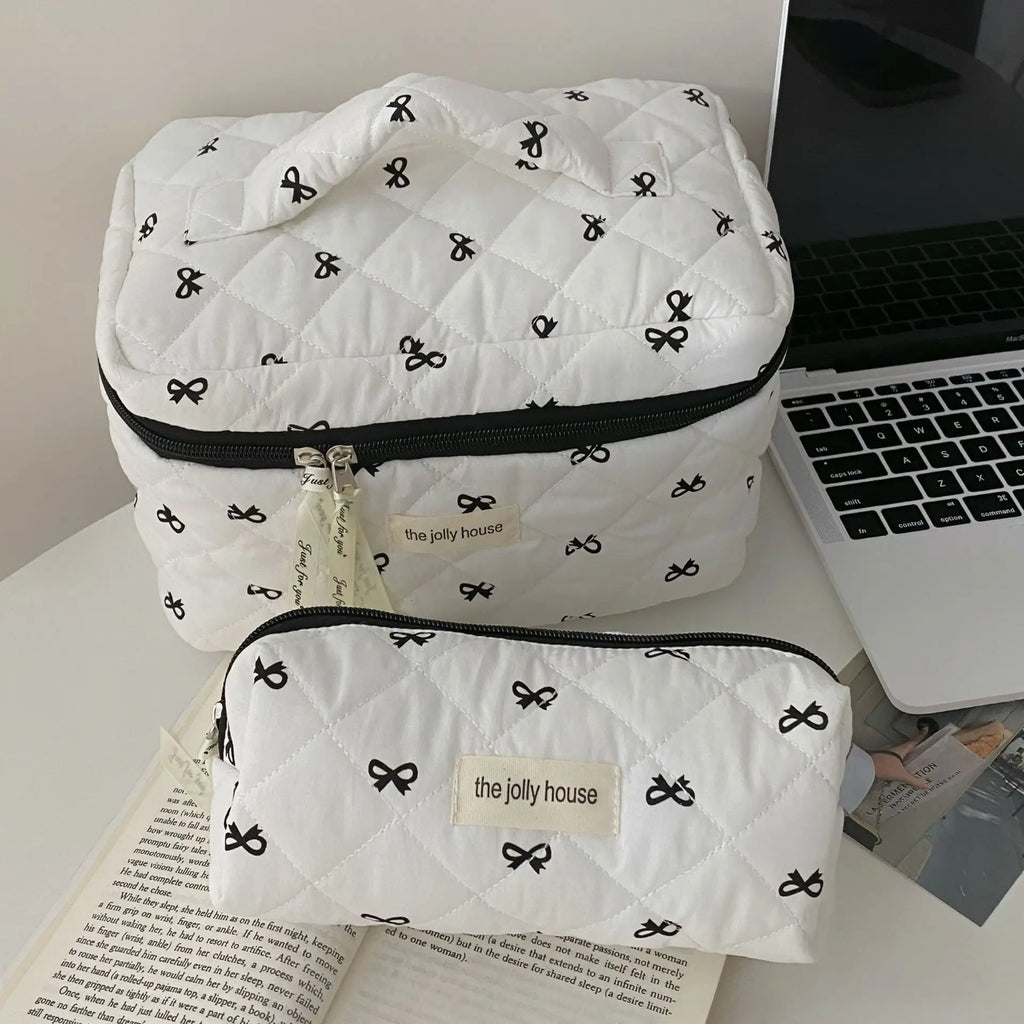 Fashion Cherry Tote Women Makeup Bag Portable Cute Ladies Cosmetic Toiletry Storage Pouch Handbag Cotton Quilted Zipper Bag