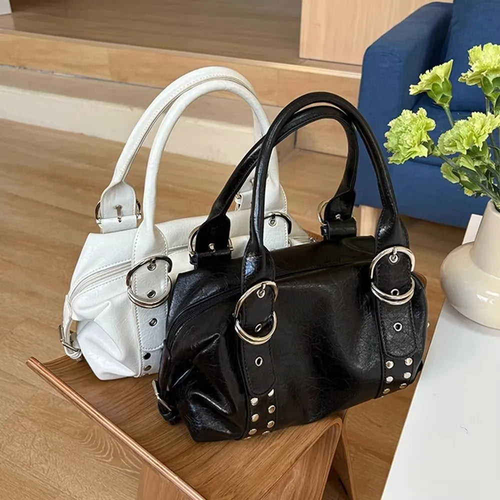 New PU Leather Women Shoulder Bag Large Capacity Y2K Motorcycle Bag High Quality Fashion Rivet Handbag Daily Use