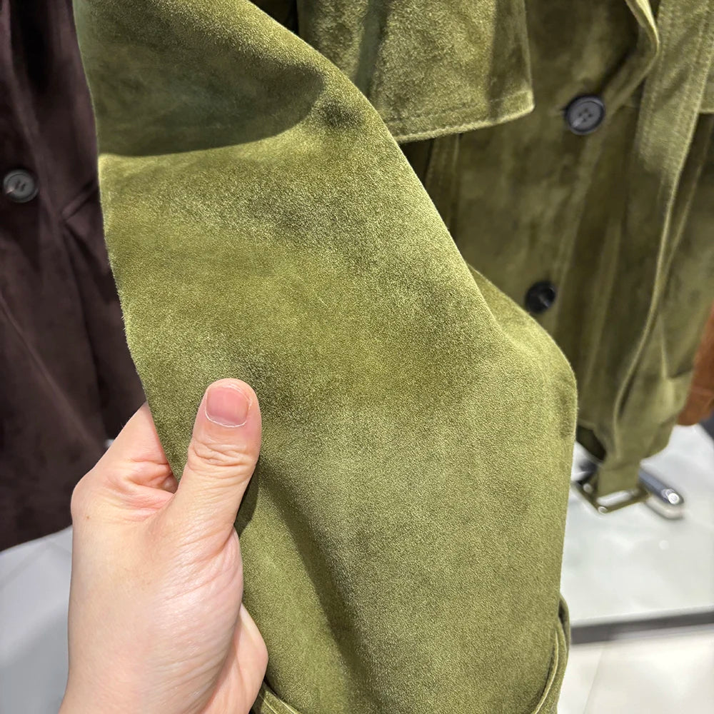 YOLOAgain High Quality Suede Leather Jacket Women With Belt Double Breasted Croc Pattern Jacket Female