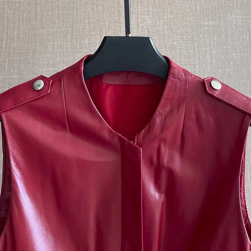 Women's Slim Waist Red Genuine Leather Vest Sleeveless Casual Jacket Short Style Versatile for Spring Autumn