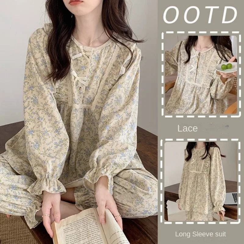 Women Plus Size Pajamas Garden Style Student Homewear Two-Piece Korean Version of the Bow Can Be Worn Outside Long-Sleeved Women