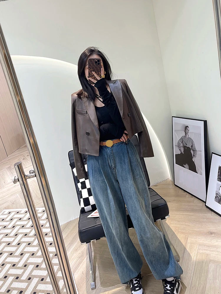 Suit Leather Jacket For Women 2025 Female 100% Sheepskin Lined Suit Collar Slim Short Quilted Coats Retro OL Sobretudo Feminino