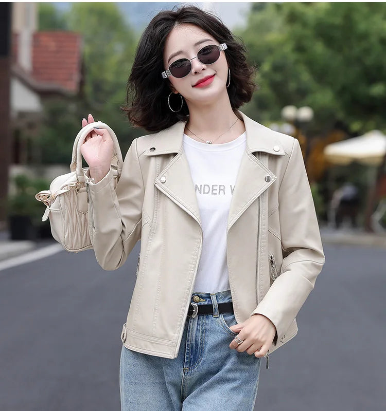 New Women Spring Autumn Leather Jacket Fashion Suit Collar Long Sleeve Motorcycle Jacket Casual Short Biker Coat Split Leather