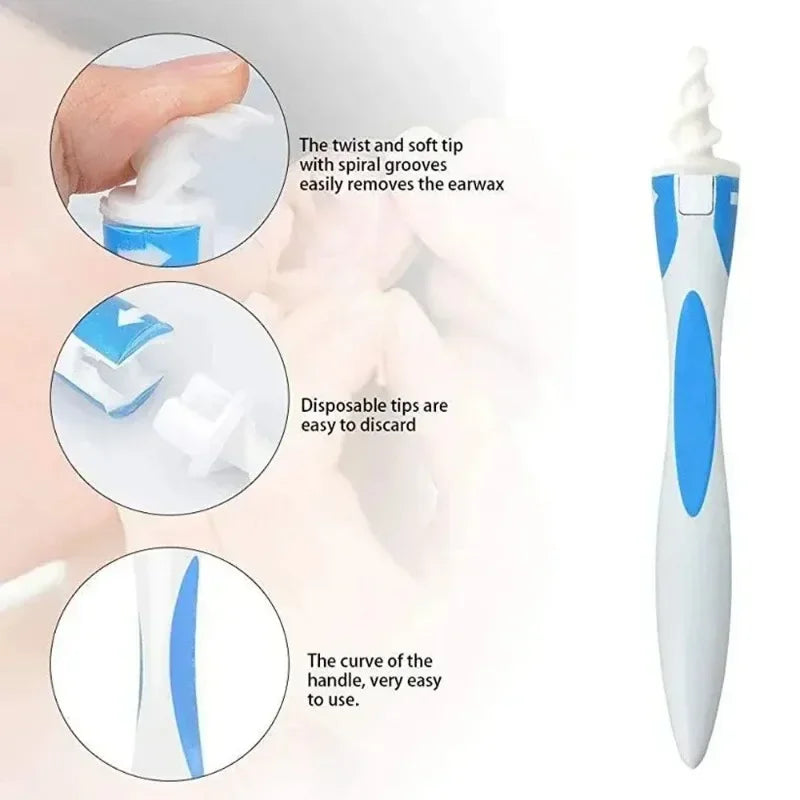 Portable Spiral Ear Wax Remover Tool Ear Cleaner with Soft Silicone 16 Replacement Tips Simply To Grab Extract Earwax