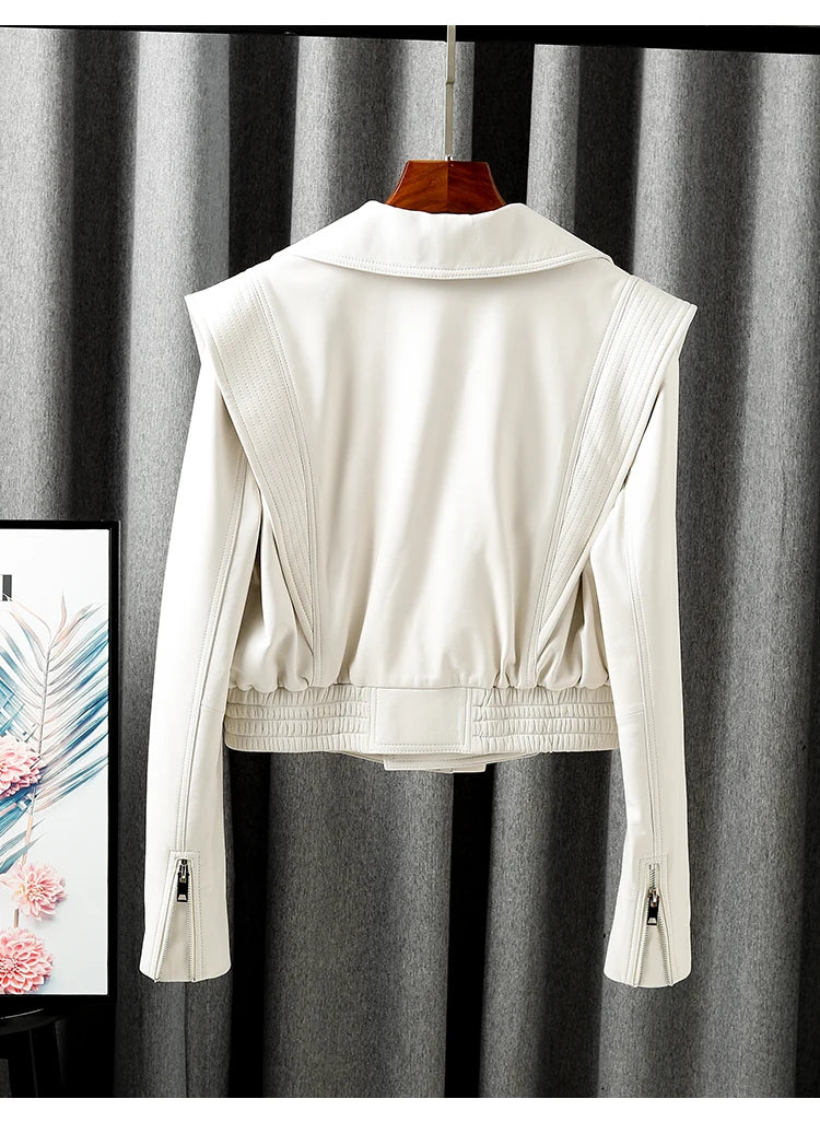 Jacket For Women 2025 New European Genuine Leather Coat Female Zipper Large Lapel Short Oversize Locotive Whtie Jaqueta Feminina