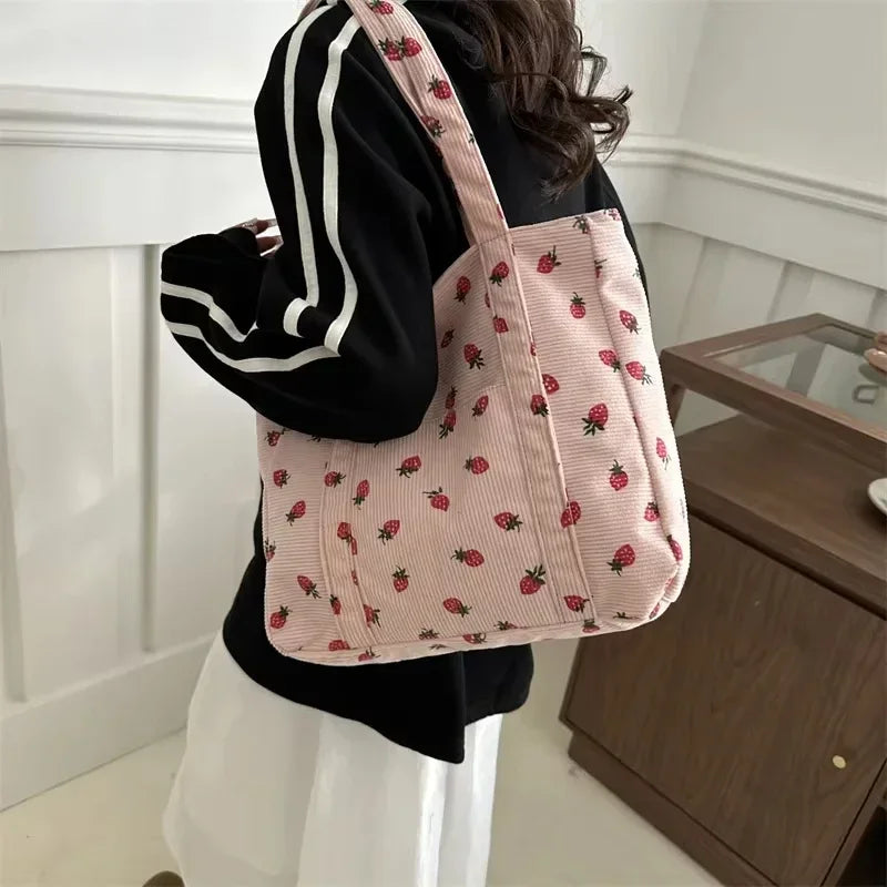 Corduroy Handbag Strawberry Print Beach Bag Fashion Large Capacity Tote Bag for Women Versatile Commuter Shoulder Bag Bolsos