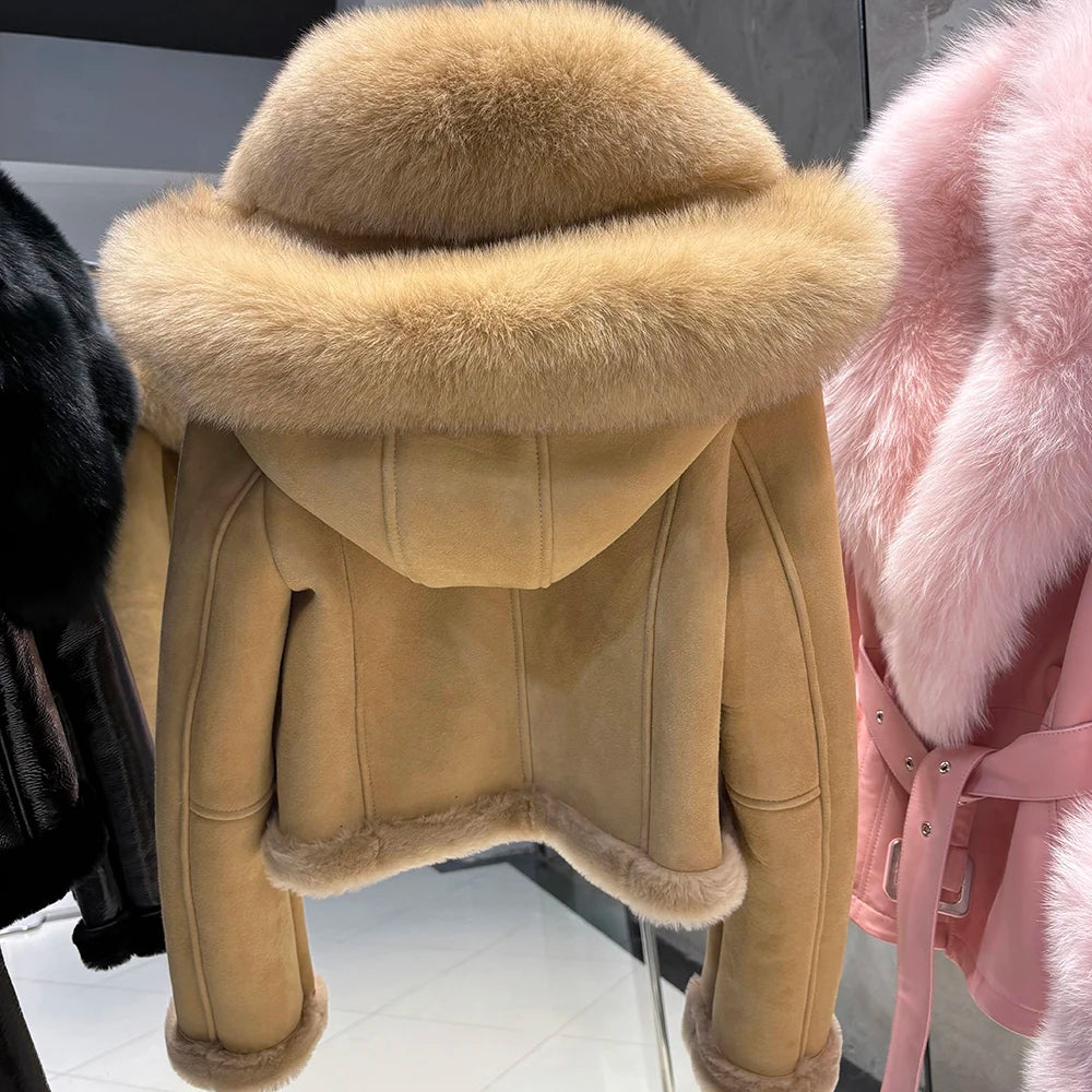 YOLOAgain Burgundy Shearling Jacket With Hood Women 2025 Winter Real Leather Jacket Coat