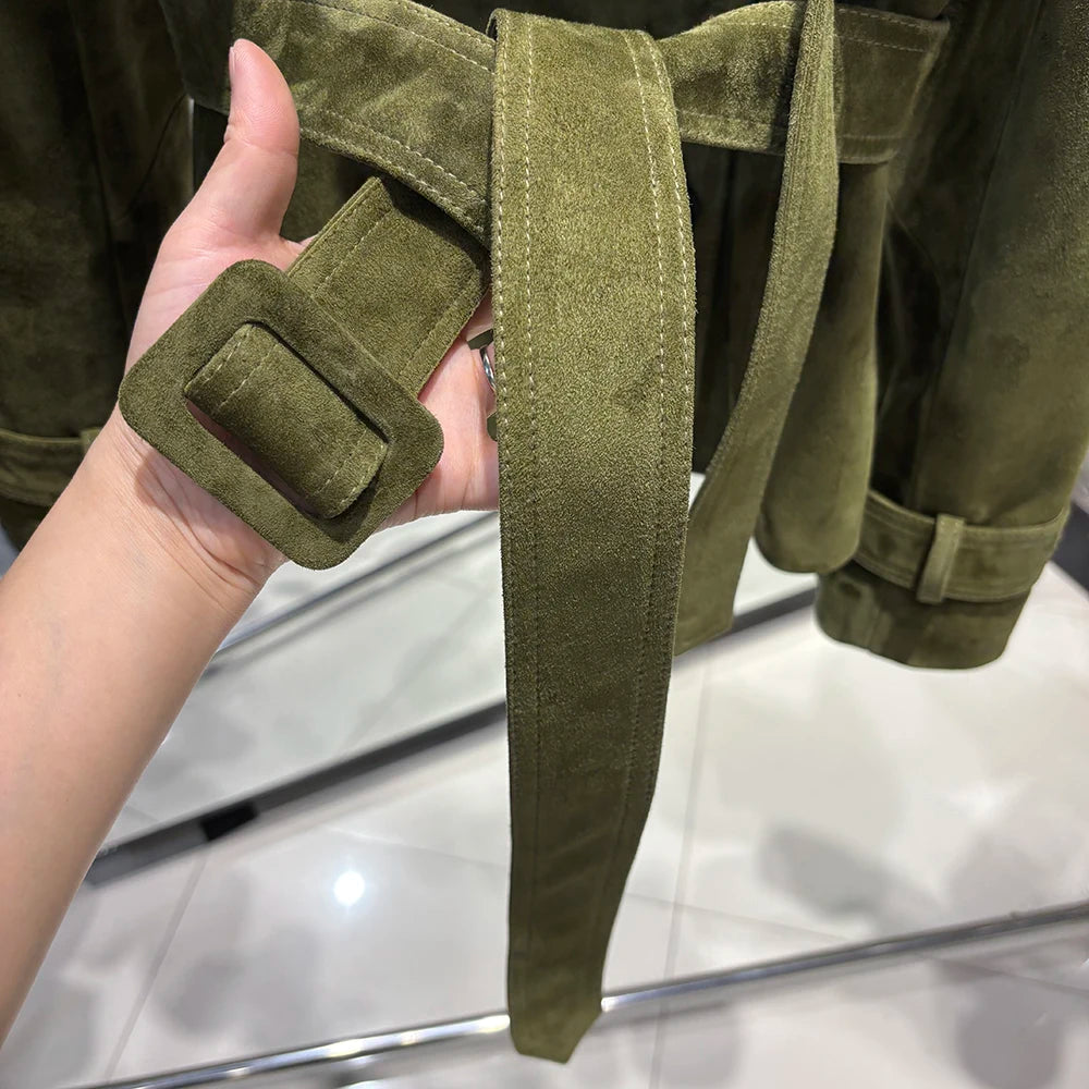 YOLOAgain High Quality Suede Leather Jacket Women With Belt Double Breasted Croc Pattern Jacket Female