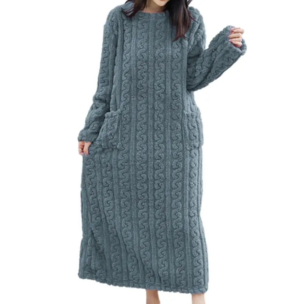 Coral Velvet Women's Nightgown Autumn And Winter Long Sleeve Double Pocket Flannel Nightgowns Women Loose Solid Sleepwear