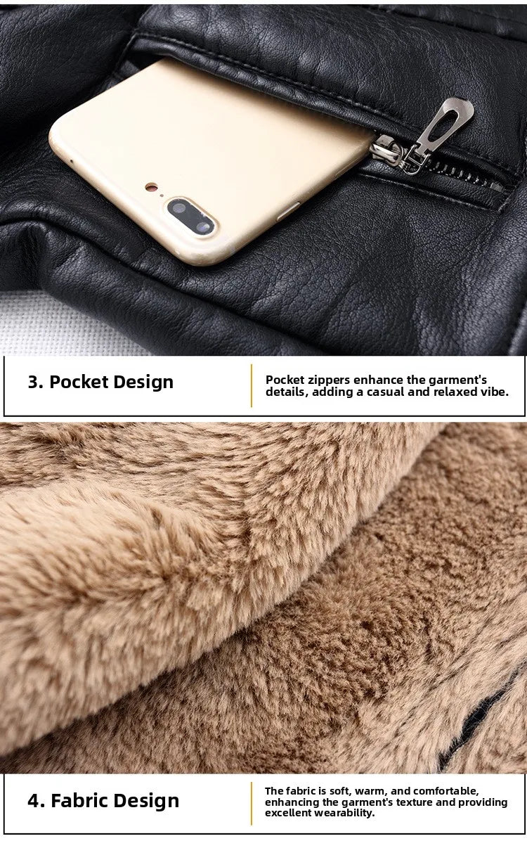 Women's Biker Style Thickened Short Leather Jacket Autumn Winter Street Fashion PU Material Versatile Outerwear Coat