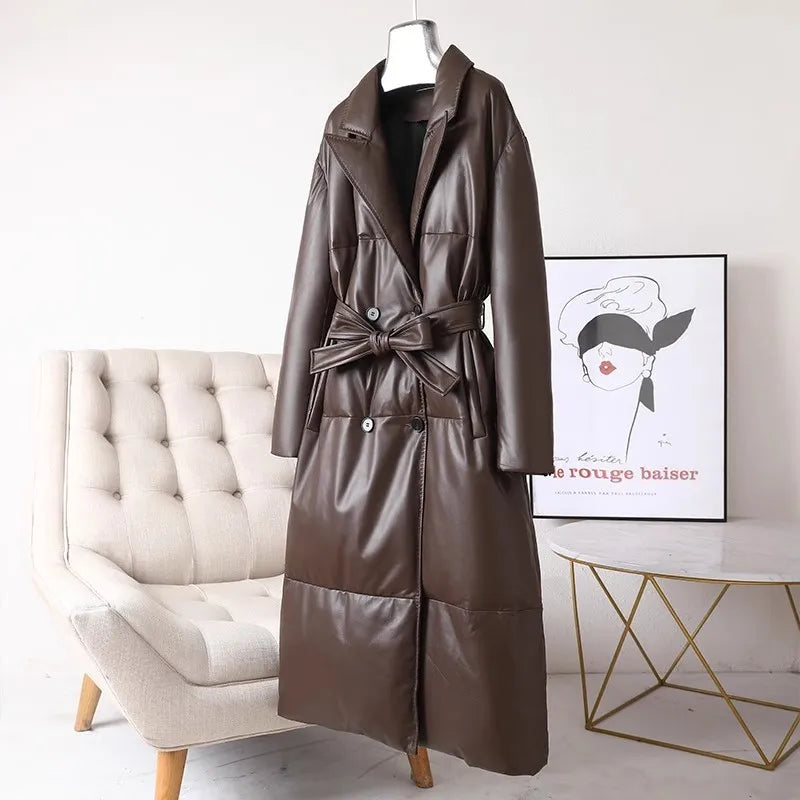 Women's Leather Down Jacket, Loose, Extra Length Design, Goose Down Coat, Suit Collar, Sheepskin Coat, Fashion