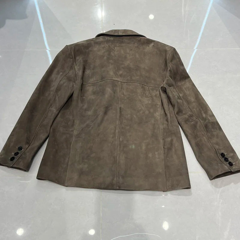 High Quality Suede Leather Suit Jacket Woman Kid Suede Flip Collar Wide Shoulder Split Vintage Ropa Mujer Dark Blue Blazer Coat