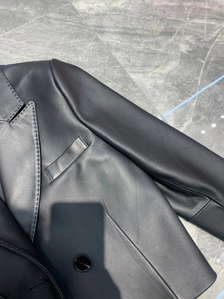 Suit Leather Jacket For Women 2025 Female 100% Sheepskin Lined Suit Collar Slim Short Quilted Coats Retro OL Sobretudo Feminino