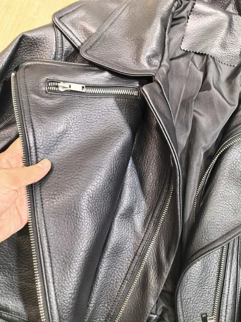 Punk Women Vintage Genuine Leather Jacket Lapel Streetwear Motorcycle Short Coat Loose Fit High Quality Real Sheepskin Outerwear