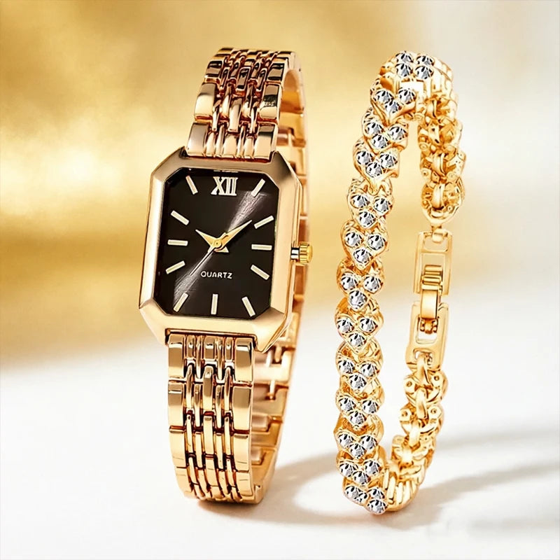 2PCS Fashion Rectangular Dial Women's Quartz Watch Love Bracelet
