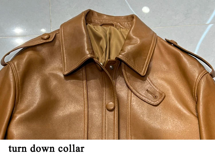 Winter Genuine Leather Outwears For Women High Quality Female Large Pocket Epaulet Belt Mid Long Jacket Female Warm Windbreaker