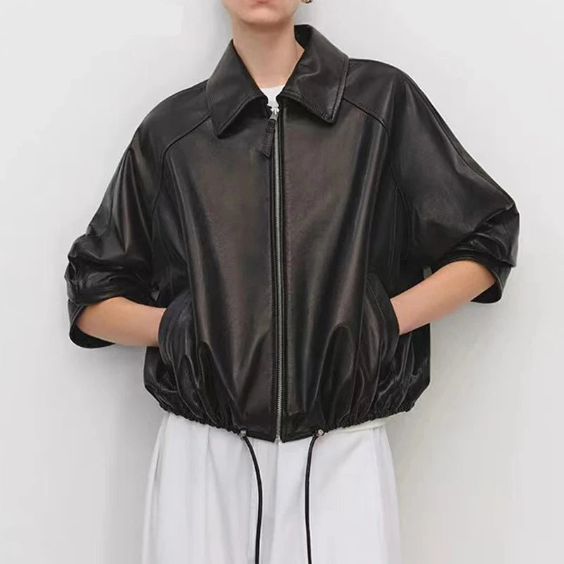 Real Leather Clothing for Women Lapel Drawstring Silhouette Short Coat Female Genuine Sheepskin Balloon Jacket Bomber Femme