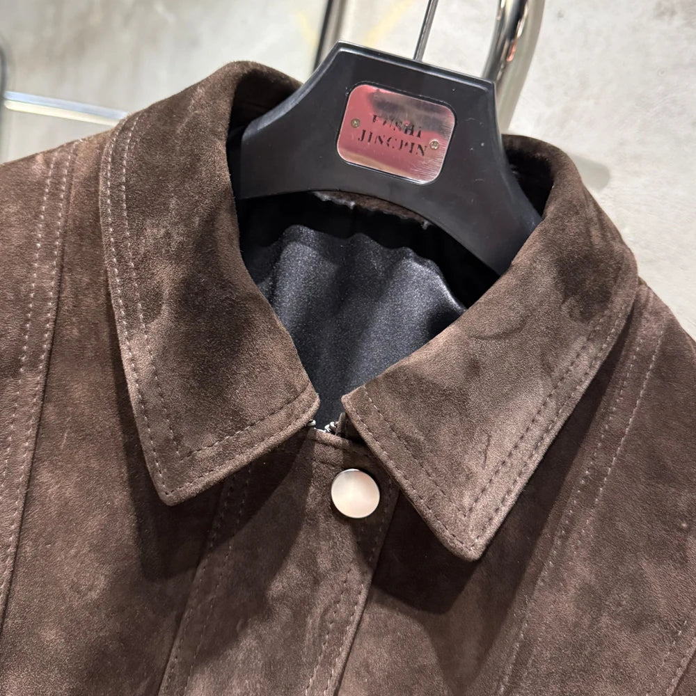 Women Suede Bomber Winter Genuine Sheep Leather Coat Broad Shoulder Ladies Real Sheep Suede Jackets