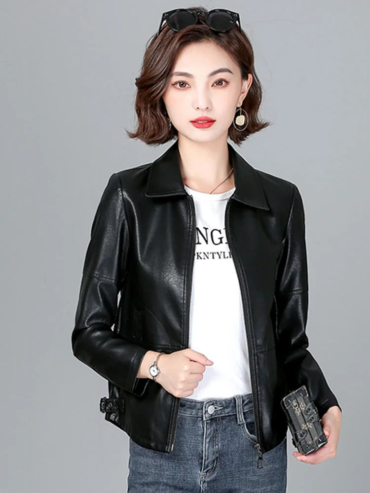 New Women Sheepskin Jacket Spring Autumn 2025 Fashion Casual Long Sleeve Short Zipper Leather Coat Loose Split Leather Outerwear