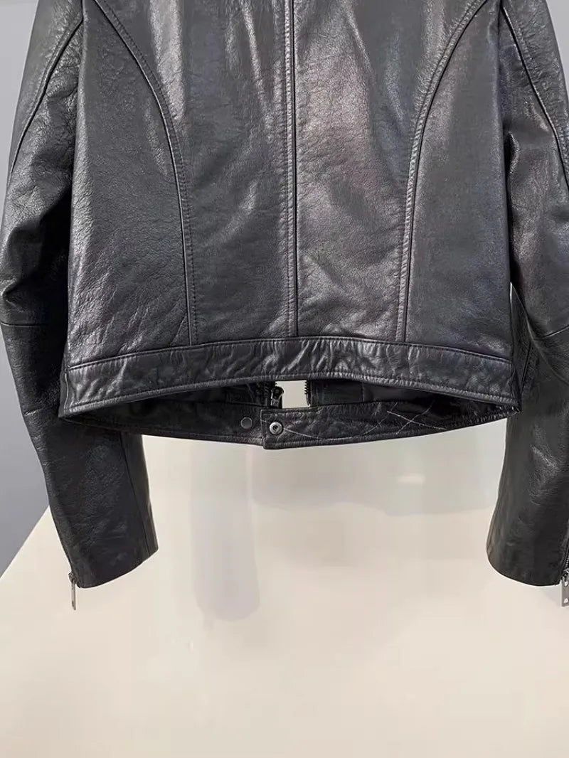 Autumn Fashion Genuine Leather Women Short Jacket Stand Collar Zipper Coat Top Work Lady Slim Fit Jackets Casual Black Outerwear