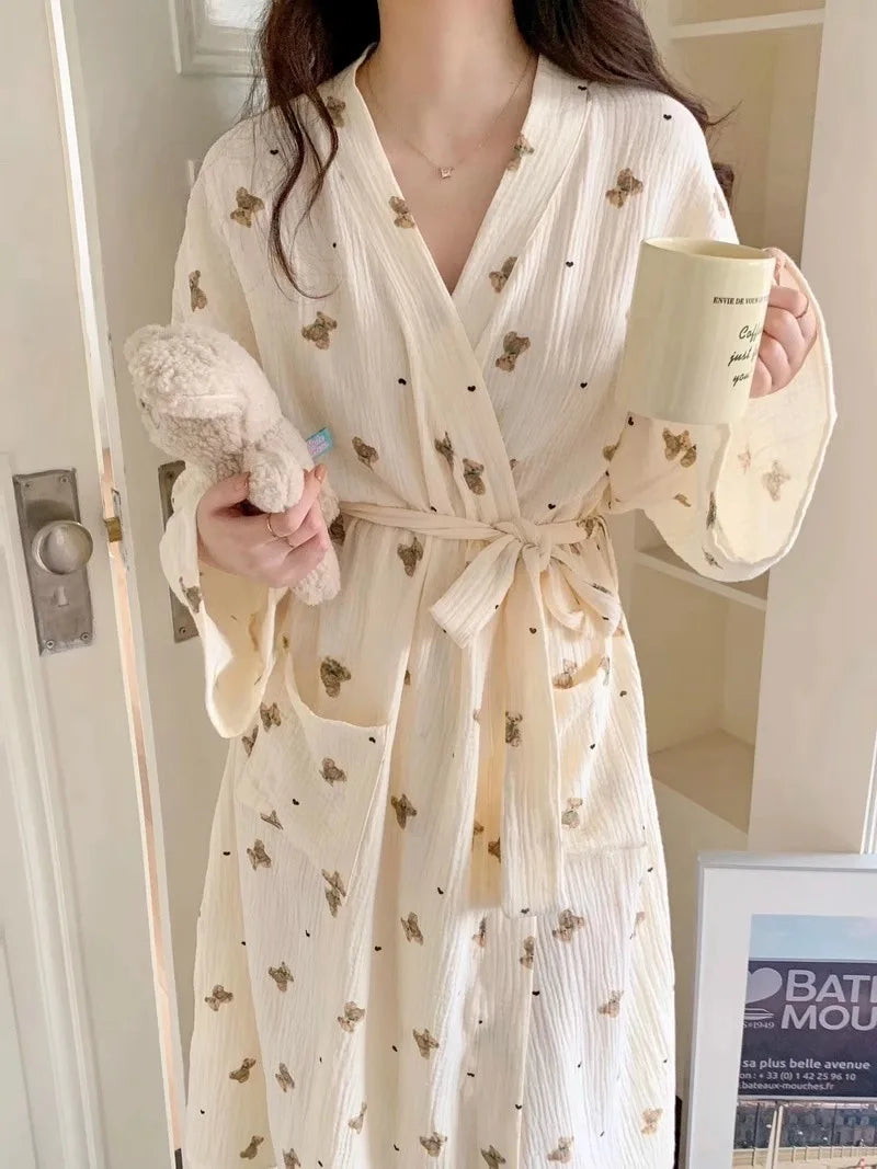 Women Bathing Robe Cartoon Cute Bear Print Bathrobe Nightgown Cardigan Long Sleeve Nightdress Plus Size Loungewear Nightgown Ro