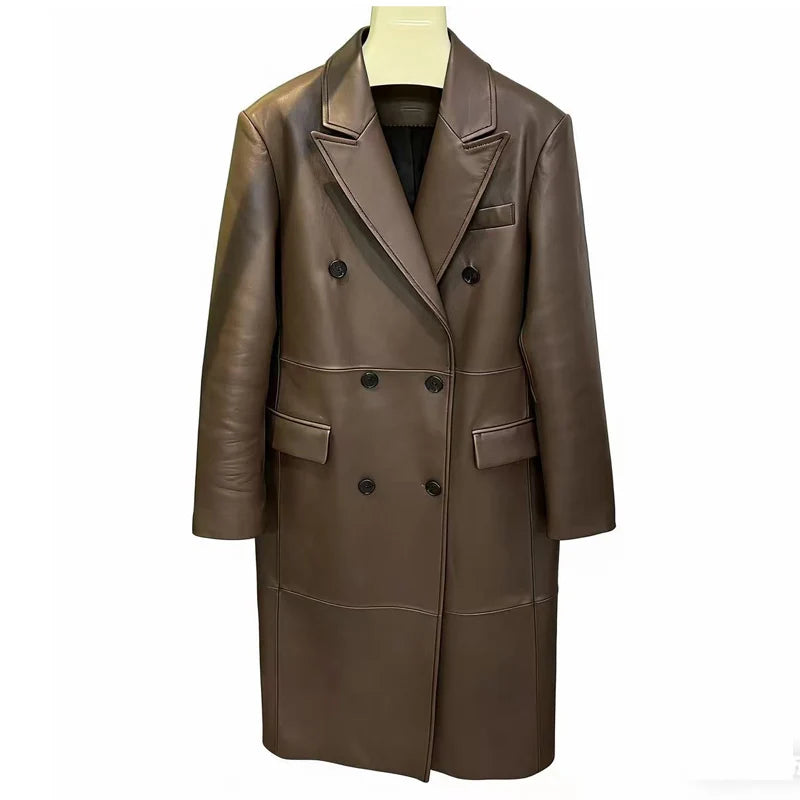 LUXURY Leather Outer Garment Women 2026 Suit Collar Double-Breasted Black Coffee Long Coat Women Streetwear Gabardina de Mujer