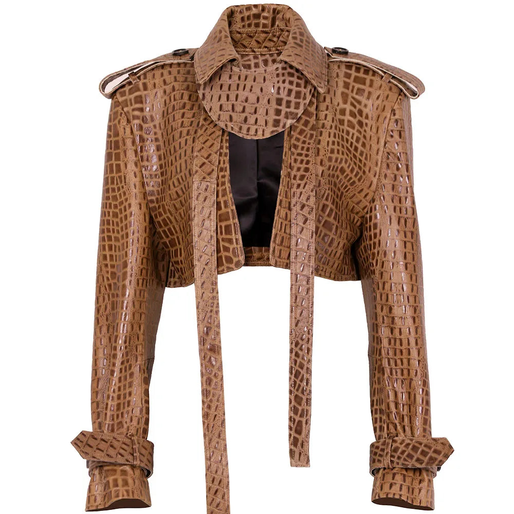 YOLOAgain Croc Pattern Real Leather Cropped Jacket Women Genuine Leather Jacket Female Streetwear