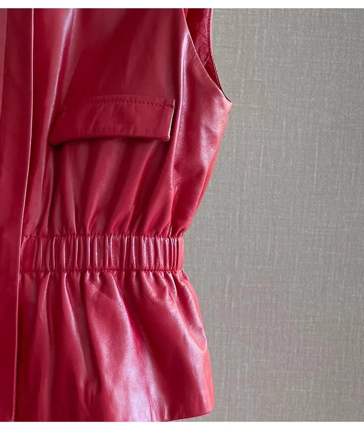 Women's Slim Waist Red Genuine Leather Vest Sleeveless Casual Jacket Short Style Versatile for Spring Autumn