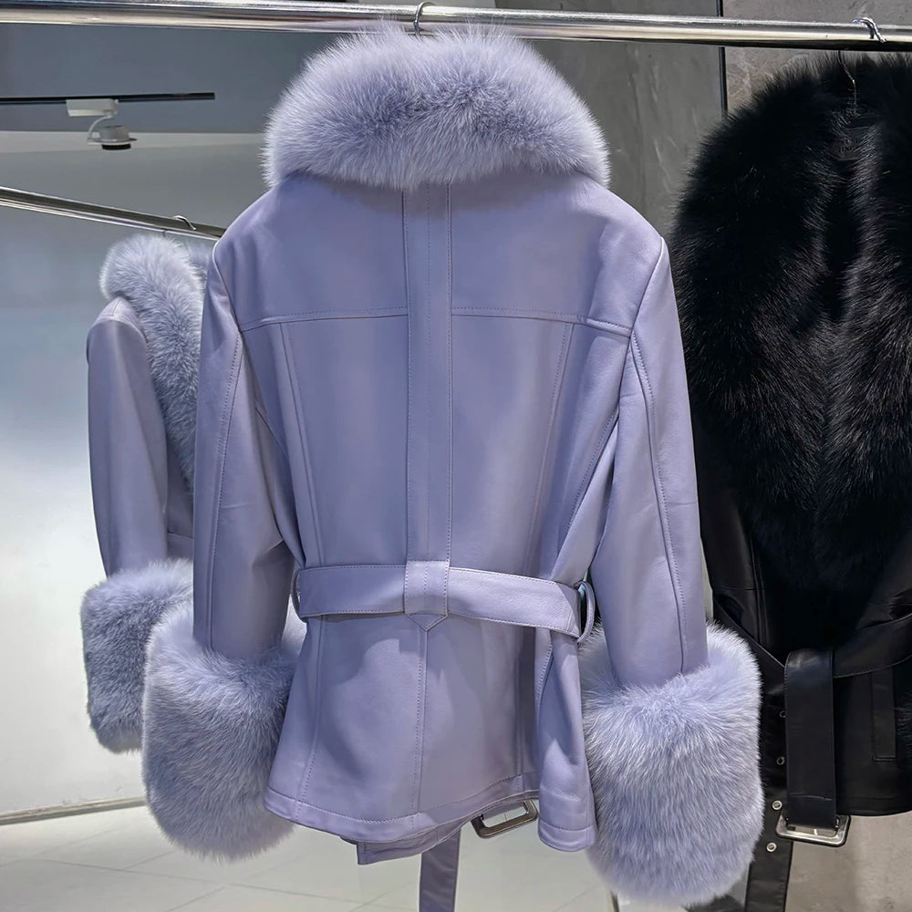 YOLOAgain Women's Real Fox Fur Collar Sheepskin Leather Jacket Coat Autumn 2025
