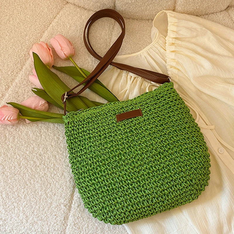 Bohemian Straw Beach Bags For Women High Capacity Handmade Shoulder Bag Casual Woven Totes Bag Shopping Clutch Handbag Purse