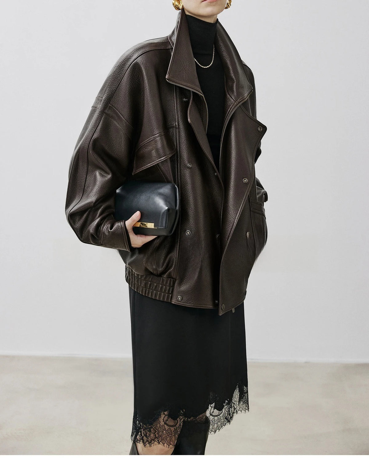 Brown Sheepskin Bubble Skin Coat Female Retro Double Layer Collar Double Breasted Zipper Loose Leather Jacket Winter Outerwear