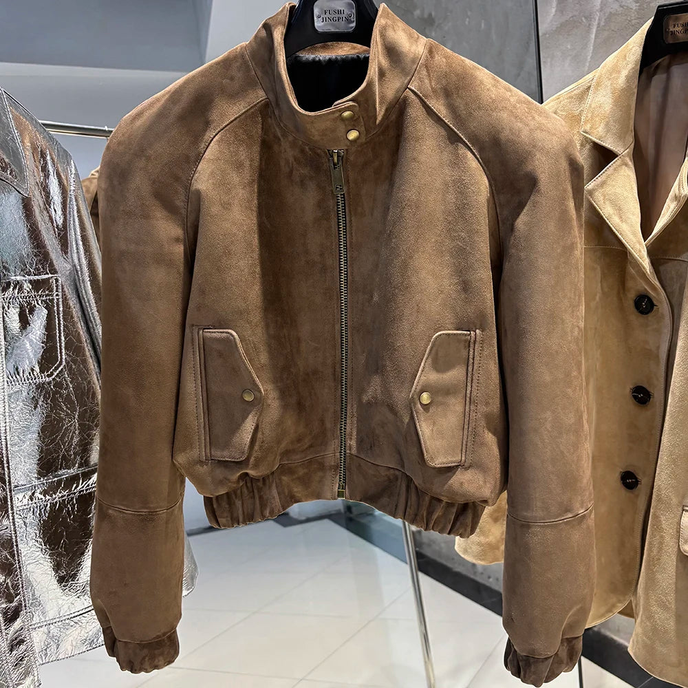 YOLOAgain Suede Leather Jacket Coat Women Real Leather Cropped Jacket Bomber Jacket