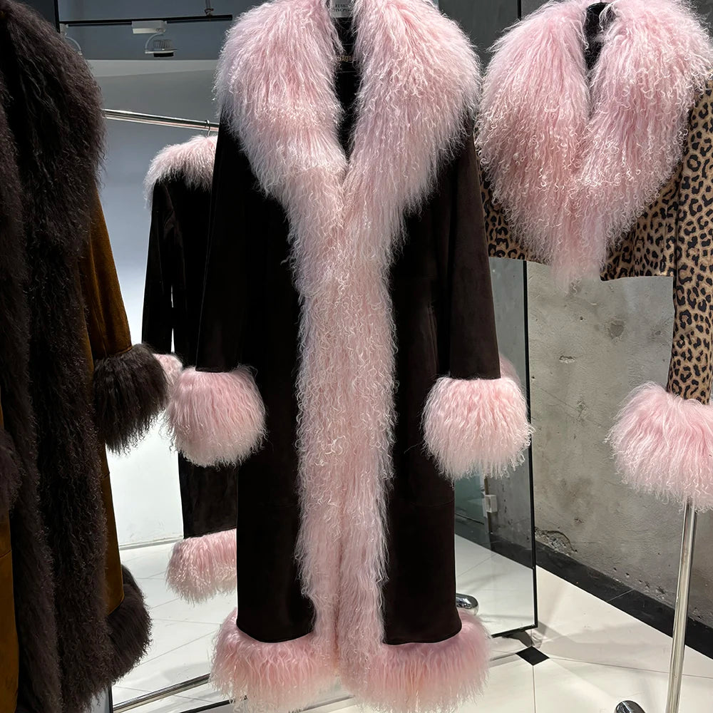 YOLOAgain Real Mongolia Sheep Fur Jacket Long Dark Brown Suede Coat Women
