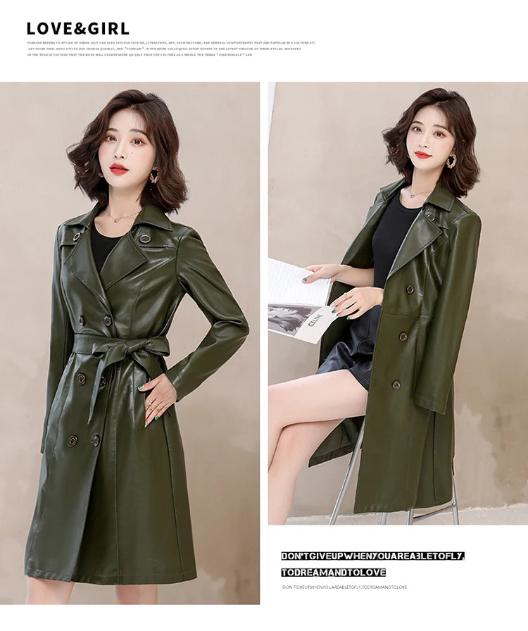 2026 Spring Autumn Sheep Leather Long Trench Coat Women Double Breasted Slim Trench Coat Female Outwear Fashion Windbreaker