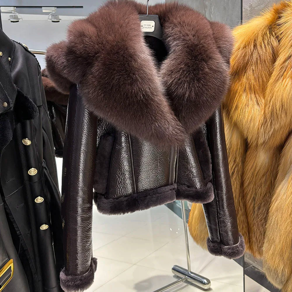 YOLOAgain Burgundy Shearling Jacket With Hood Women 2025 Winter Real Leather Jacket Coat