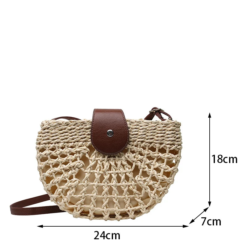 Summer Straw Bag For Women Fashion Semicircle Crossbody Bags Rattan Handmade Messenger Handbag Travel Beach Bags Tote