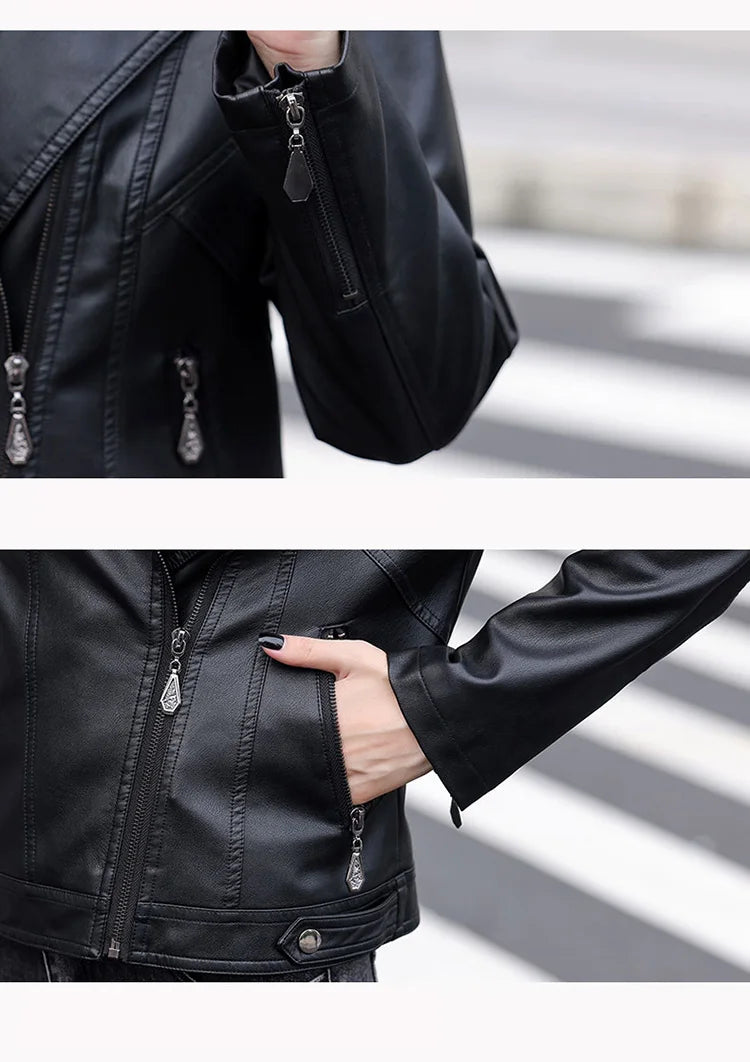 New Women Spring Autumn Leather Jacket Fashion Suit Collar Long Sleeve Motorcycle Jacket Casual Short Biker Coat Split Leather