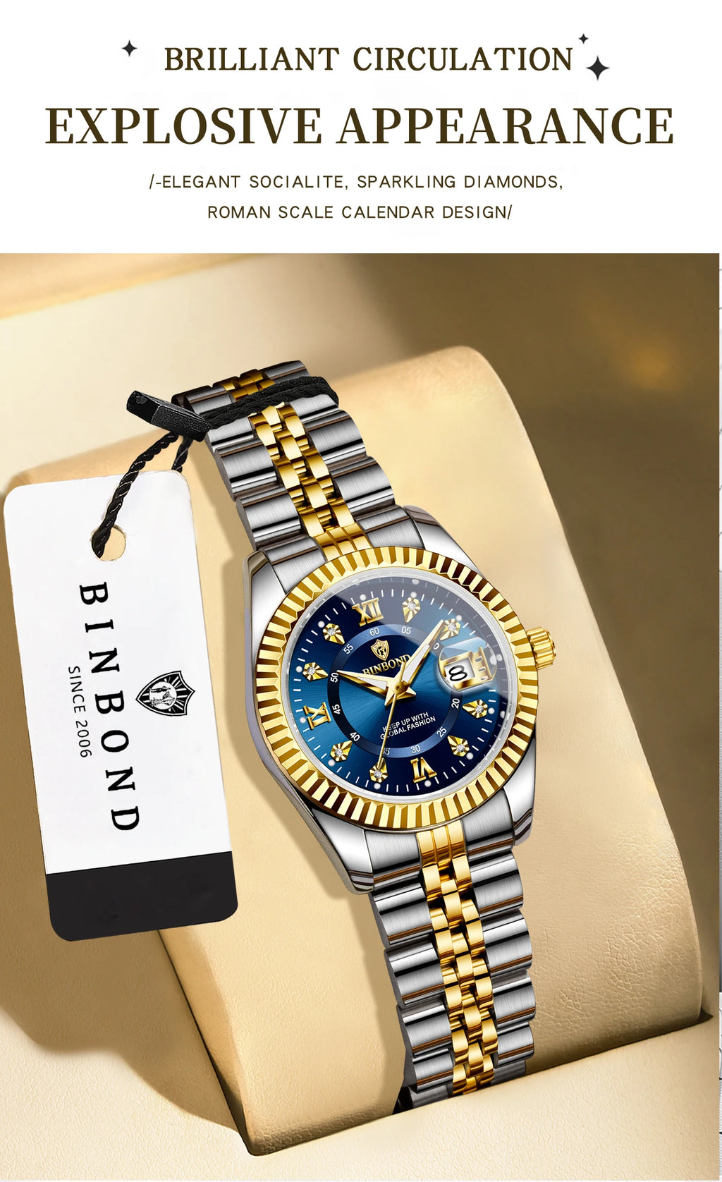 BINBOND Quartz Watches For Women Luminous Waterproof Stainless Steel Ladies Watch Montre Femme Luxe De Marque Reloj With Box