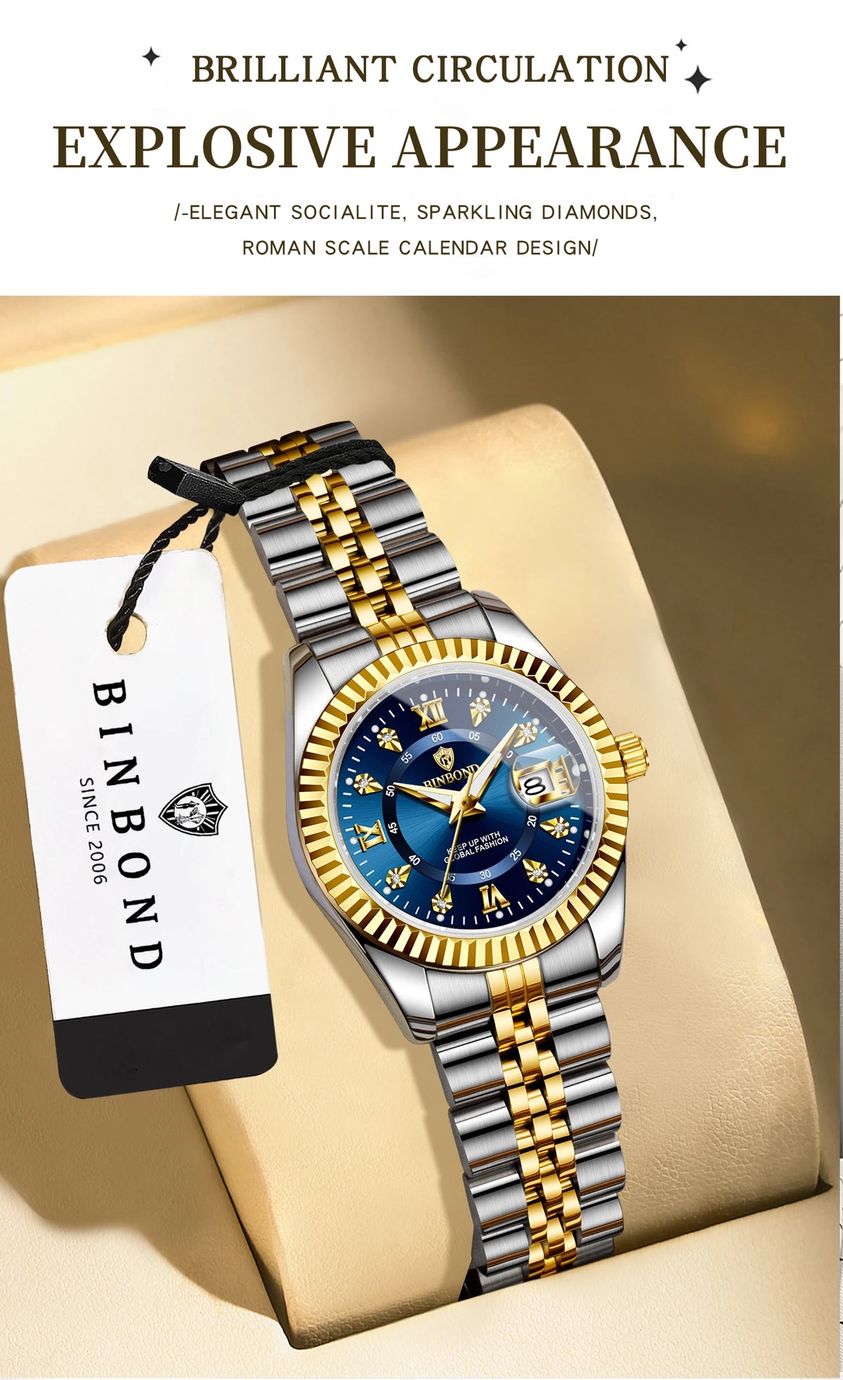 BINBOND Quartz Watches For Women Luminous Waterproof Stainless Steel Ladies Watch Montre Femme Luxe De Marque Reloj With Box